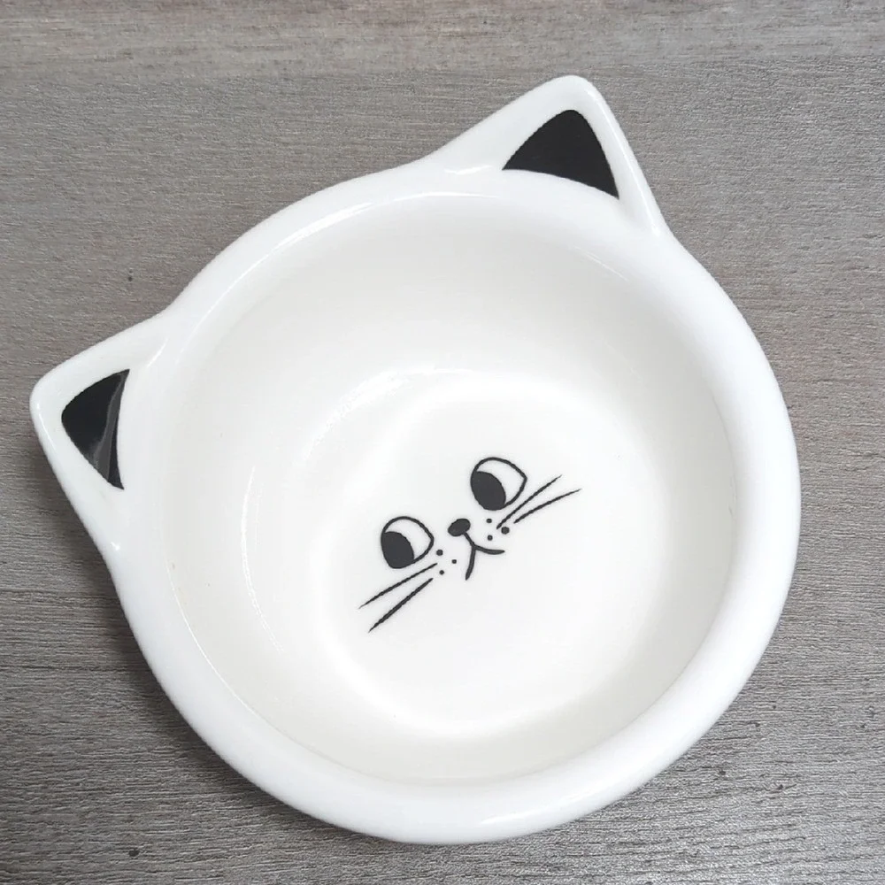 Vtg Cat Face Ceramic Pet Bowls Trinket Trays White Black Retro Heavy Duty Pair 2